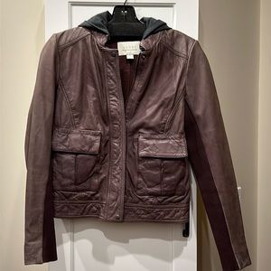 Hinge Burgundy Leather Jacket with Removable Hood